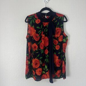 7th Avenue Design Studio Top Womens XL Black Floral Rose Sleeveless Scarf Blouse